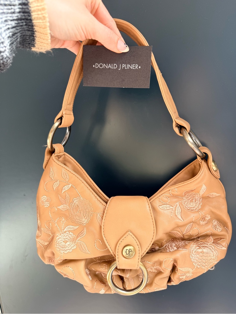 Donald J Pliner Beige Floral Embroidered Shoulder Bag